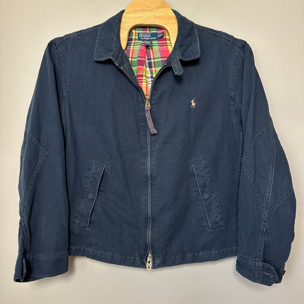 Polo Ralph Lauren Men XXL Field Jacket Navy Madras Full Zip Cotton Linen Preppy